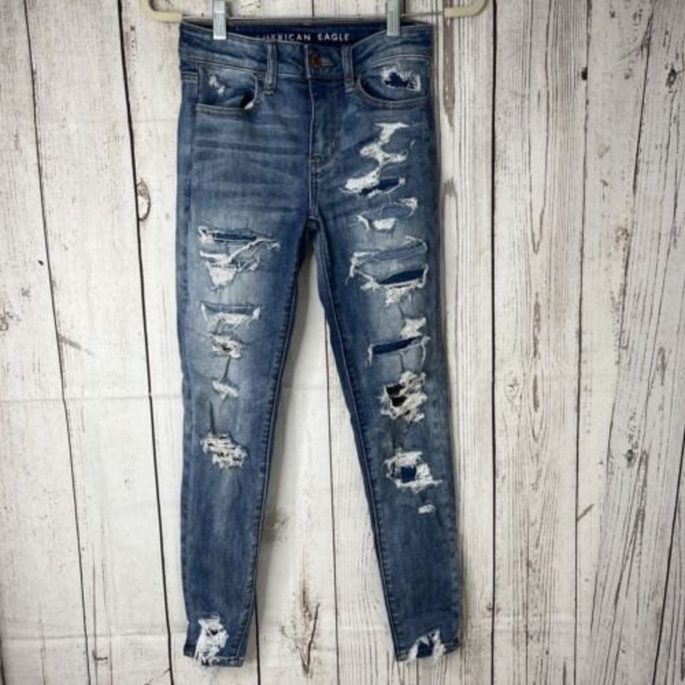 American Eagle Jeans Womens 0 Short Blue Acid Distressed Hi Rise Jegging Stretch
